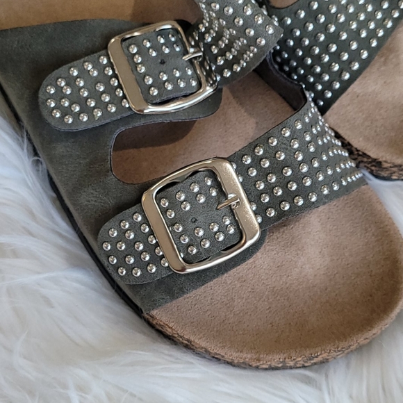 Olive Green Studded Double Strap Slider Sandal - Picture 3 of 4